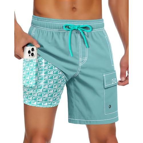 Men Swim Trunks with Compression Liner Quick Dry Breathable Multi Pockets for Summer Beach Cruise Water Park Small Camel Khaki