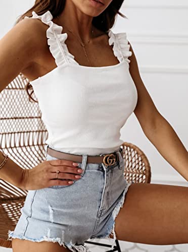 Remidoo Women's Causal Frill Trim Strap Ribbed Knit Sleeveless Cami Tank Top White X-Small #TOP4
