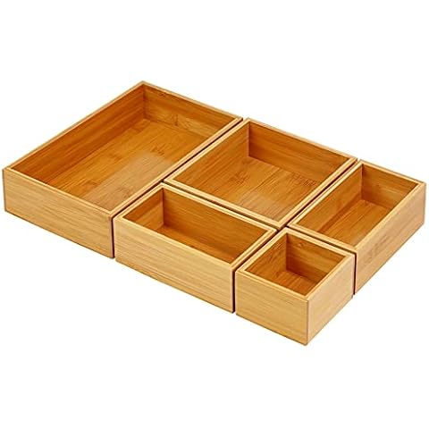 Set of 5 Bamboo Drawer Organiser,Desk Drawer Organiser Trays ,Multi-use Storage Box Set,Perfect for Kitchen Bathroom Office Stationery,Make-up Organiser,Stackable Drawer Divider,Organisation Boxes Cover