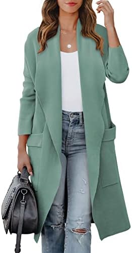 Prinbara Women's 2023 Casual Long Cardigan Sweater Open Front Draped Lapel Knit Warm Oversized Coat Jacket Soft Cozy Duster Outwear Fall Clothes with Pockets 5PA80-guanghuilv-L Gray Green