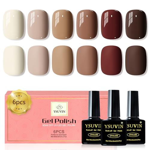 Yueshop Brown Gel Nail Polish Autumn 6 Colors Winter Nude Cream White brown Maroon Dark Brown Gel Polish Soak Off UV gel nail Varnish Creative nail Art DIY Salon For Women 8ML