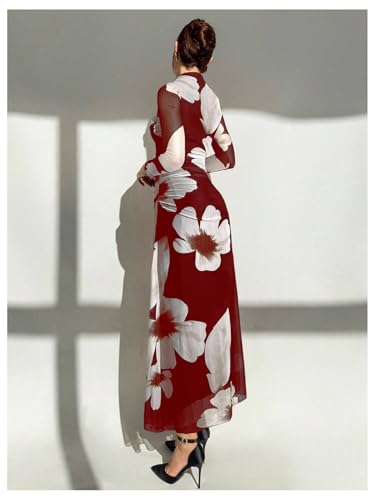 Image of Verdusa Women's Floral Wedding Guest Dress Long Sleeve Mesh Slimming Cocktail Vacation Maxi Dresses