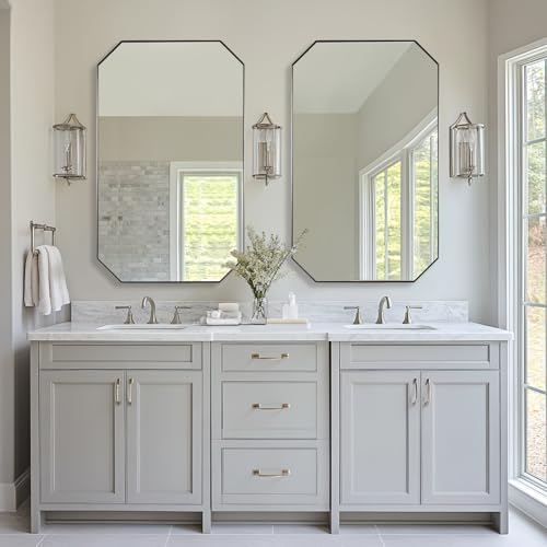 Image of ANDY STAR Brushed Nickel Octagon Bathroom Mirror, 24x40 Inch Stainless Steel Metal Frame, Anti-Rust, Shatterproof HD Glass, Wall Mounted for Bathroom, Bedroom, Living Room