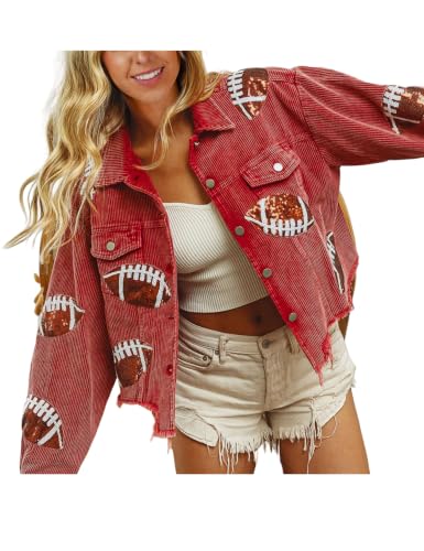 SeekMe Women Cropped Football Corduroy Jacket Sequin Rugby
