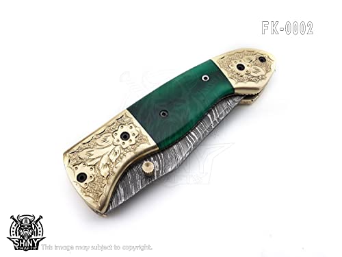 Shiny Crafts | Handmade Damascus Pocket Knife For Men | Folding Knife With Liner Lock | Bushcraft Knife For Fishing, Camping, Hiking | Damascus Steel Hunting Knife With Sheath | Camping Knife With Premium Leather Sheath With Belt Loop (Fk-02) #TOP4