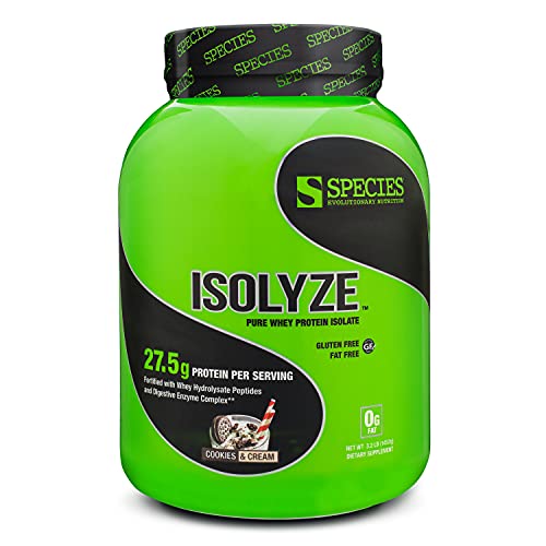 Species Nutrition Isolyze Whey Protein Powder, 100% Whey Isolate Protein, Whey Protein for Muscle Building, 27.5g Protein Per Scoop, No Sugar & Low Fat Protein (Cookies & Cream, 44 Servings)