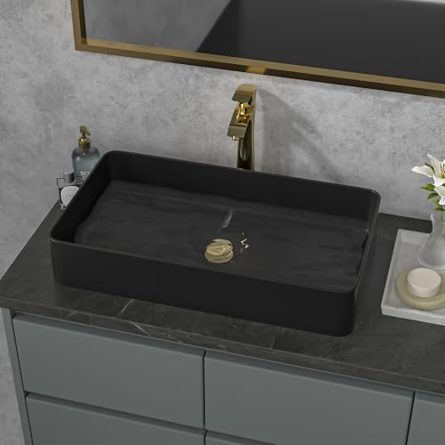 Sarlai Black Vessel Sink Rectangular - 24\"x14\" Modern Bathroom Vessel Sink Rectangle Above Counter Black Ceramic Porcelain Lavatory Vanity Sink Art Basin