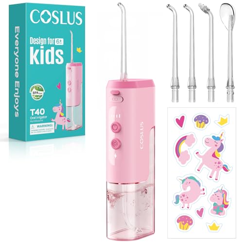COSLUS T40 Portable Water Flosser for Kids: 4 Gentle Modes for Ages 6+ Braces & Sensitive Teeth - with Fun DIY Stickers 4 Storable Nozzles Mini Compact for Home School & Travel BPA-Free Pink