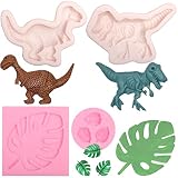 Dinosaur Chocolate Fondant Molds Silicone 4 Pcs, Dinosaur Cake Tropical Leaves Monstera Leafage Silicone Mold for Cake Decoration Candy Cupcake Topper Polymer Clay Crafts