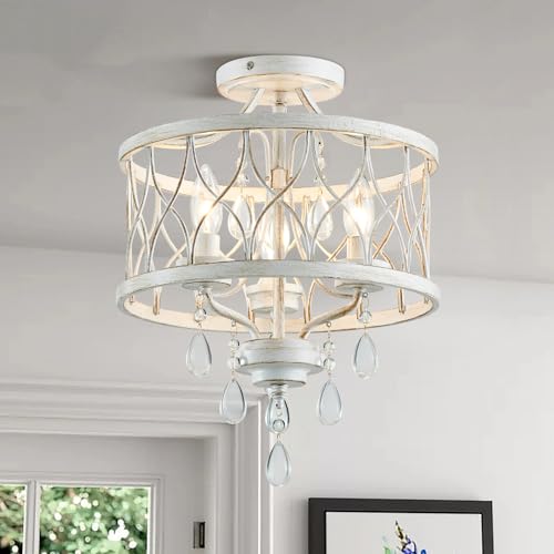 Farmhouse Crystal Ceiling Light Fixture, 3-Light Semi Flush Mount Crystal Chandelier Light Fixture Rustic Vintage White Pendant Ceiling Lamp for Hallway Corridor Kitchen Entryway Bedroom Living Room by Uiimeces - Image 9