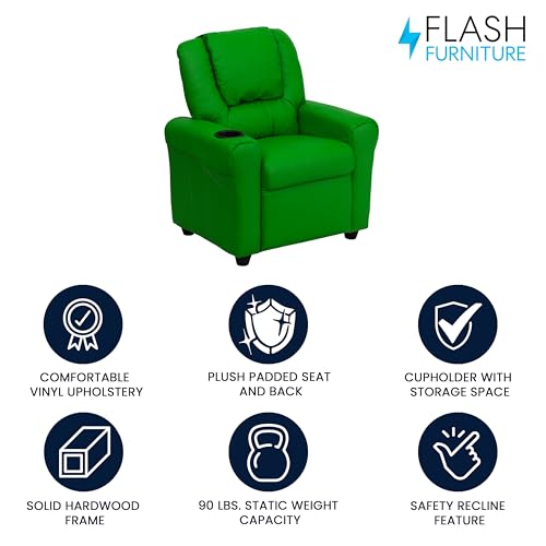 Image of Flash Furniture Vana Vinyl Kids Recliner with Cup Holder, Headrest, and Safety Recline, Contemporary Reclining Chair for Kids, Supports up to 90 lbs., Green