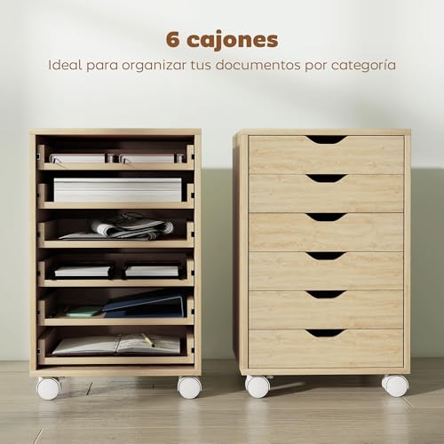 Miniatura 4 de Homcom Cajonera Escritorio, Archivador Móvil Con 6 Cajones, Soporte Para Impresora Con Ruedas, Guías Deslizantes Silenciosas, Para Oficina, Casa, Roble