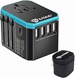 International Adapter for Travel, Ease2U Dual Voltage Hair Dryer, Straightener, Curling Iron Travel Adapter with 5 Fast USB Charger,Type-C,8A Worldwide AC Outlet Max 2000W UK US AU Asia 200+(Blue)