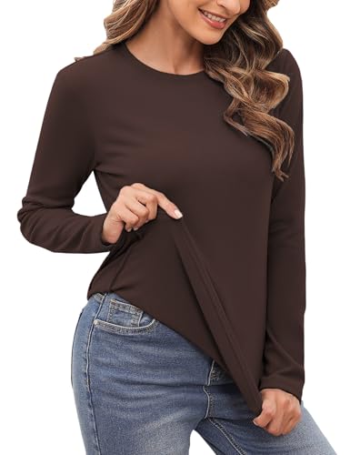 Aottori Brown Thermal Tops Womens Round Neck Base Layer Ladies Long Sleeve Underwear Tops Autumn Winter Warm Solid Basic Pullover T Shirts Brown L - Image 2