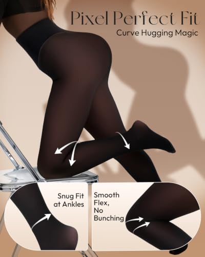 Image of Fleece Lined Tights Women One Line High Waist Warm Sheer Fleece Tights Thick Thermal Pantyhose Winter Black