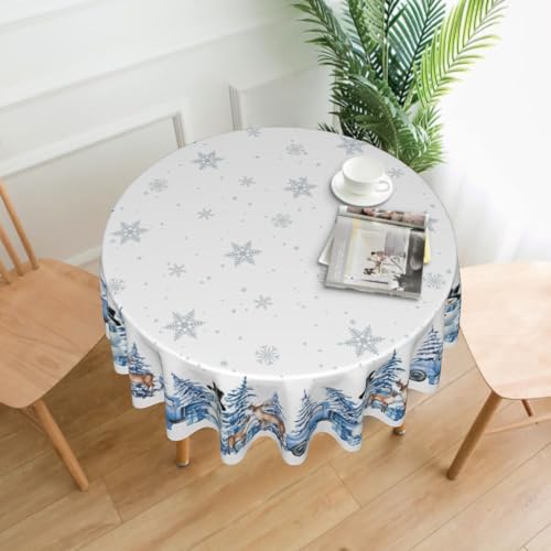 Sphragiyn Winter Tablecloth Round 60 Inch Blue Snowman Trees Holiday Xmas Table Cloth Water Resistant Fabric Table Covers for Kitchen Dining Party Home Decor by Sphragiyn - Image 2