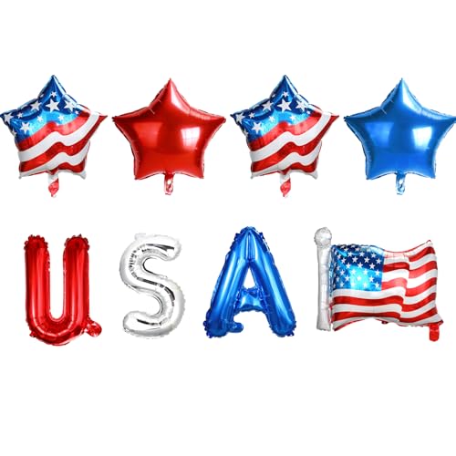 4th of July Foil Balloons 8 PCS Red White and Blue July 4 Independent Day Patriotic Balloons Memorial Backdrop Star USA Letter Flag Balloon Party Favors Supplies Decorations American 250 Banner Decor