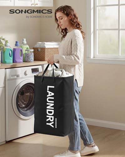 SONGMICS Wäschekorb, 80 L, Wäschesammler faltbar, Aufbewahrungskorb, mit Henkel, Wäschesack, wasserabweisend, für Waschküche, Schlafzimmer, Badezimmer, tintenschwarz RLH001BH01