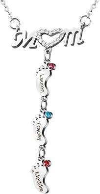 Personalized Mom Necklace with 1-6 Names and Birthstone Custom Engraved Feet Charms Heart Shaped Pendant Stainless Steel Customized Mothers Day Necklace Memorial Jewelry Gift for Women