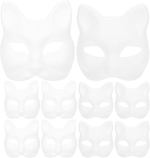 LOGOFUN 10 Pcs Cat Masks for Kids Therian Mask White Paper Blank DIY Unpainted Animal Mask Cosplay Halloween Masquerade Party Costume Accessories