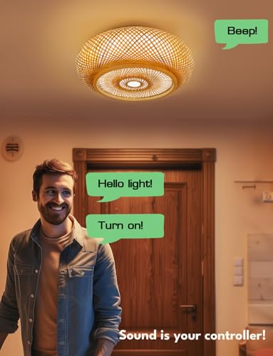 Boho Light Fixture 19.68in Hand-Woven Drum Smart Bamboo Ceiling Light with Voice Control 3000-6000K Bedroom Lights for Ceiling 50W Flush Mount Light Fixture Ceiling Lamps for Living Room - Image 3