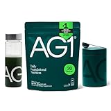 AG1 Greens Powder Supplement Bundle w/Stainless Steel Storage Canister – Multivitamin, Probiotic & Superfood Blend | Gut Health & Daily Wellness Support | Includes Shaker & Scoop | Vegan, Gluten-Free