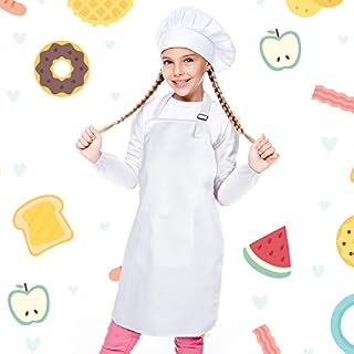 Kids Chef Apron and Hat Set, Skin-Friendly Children’s Bib with Pocket and Sleeves