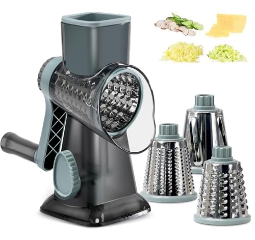 Imagen del producto: Rallador de Queso y Verduras 3 en 1, Rallador Rotativo Manual con 3 Cuchillas Intercambiables de Acero Inoxidable, Picadora y Cortador de Verduras para Cocina, Ideal para Queso, Frutas y Más