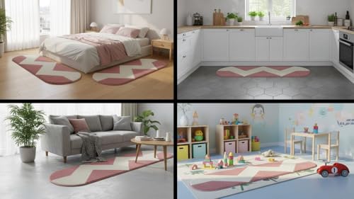 Image of Fluffy Silky Micro Fiber Polyster Carpet /Runner for Bedroom, Study Room, Playing Room, Guest Room ETC. 5x7 feet Feet, (Pink and Ivory Chevron Pattern)