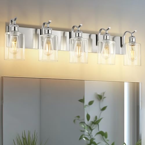 Image of 5 Light Bathroom Vanity Light, Brushed Nickel Vanity Lights for Morden Bathroom Lighting Fixtures Over Mirror Wall Light Fixtures with Clear Glass Shade ZCVL01BN-5