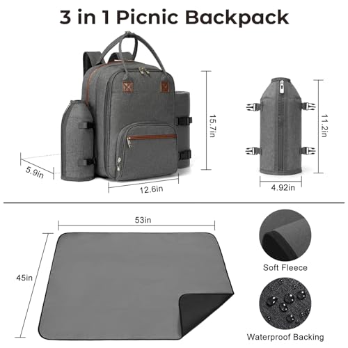 ALLCAMP Picnic Backpack - Insulated Cooler Bag with Compartment, Detachable Wine Glass Holder, Throw Blanket & Cutlery Set, 2 Person Picnic Set for Family Outings, Couple Gifts (Gray) - Image 3