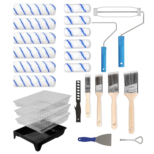 LAANPOLE Paint Roller Kit, 25 Piece Paint Supplies, 9\"4\" Paint Rollers, Paint Brushes for Walls, Microfiber Roller Covers for Professional Painting, Blue