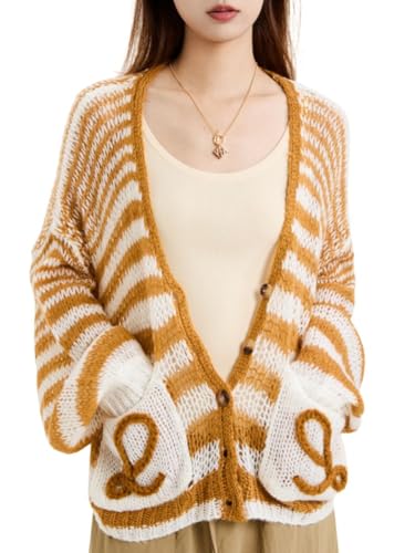 Women's Lightweight Cardigan Sweaters Crochet Knit Long Sleeve Button Down Striped Color Block Oversized Outwear