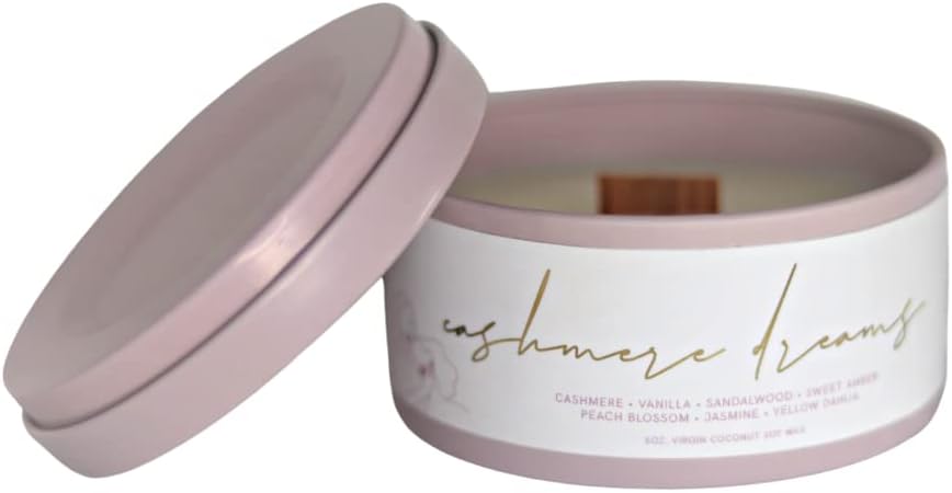 'Cashmere Dreams' Virgin Coconut Soy Wooden Wick 5oz Candle | Vanilla, Cashmere, Warm Amber, Peach Blossom | Vegan, Non-Toxic, Clean Burning (2 Pack)