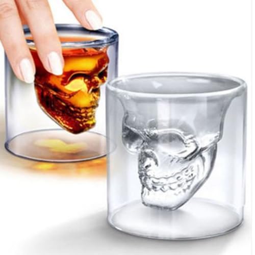 Image of Skull Whiskey Glass 250 Ml Double Walled Skull Shaped Whiskey Glass & Shot Glass, Funnny,Qwirky Whiskey Gift Set for Friends, Transparent (Set of 2)