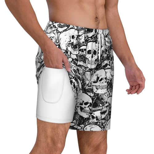 Black and White Skulls Pattern Breathable Fit Trends Men's Swim Trunks Board Short with Waist Elastic Band Swimming Trunks3