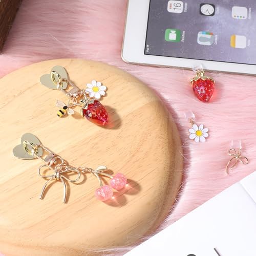 TAKEALOOKO 5PCS Y2K Dust Plug Charms for Kindle - Strawberry Bowknot Chains with Type C Dustplug, Compatible for E-Reader Phones Paper White, Charm for Readers Book Lovers — view 2