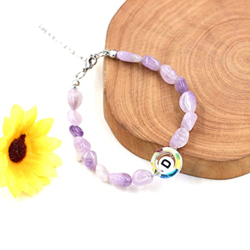 Image of Uloveido Purple Natural Stone and Austrian Crystal Letter Bracelet, Personalized Initial Jewelry for Women A-Z 26 Letters