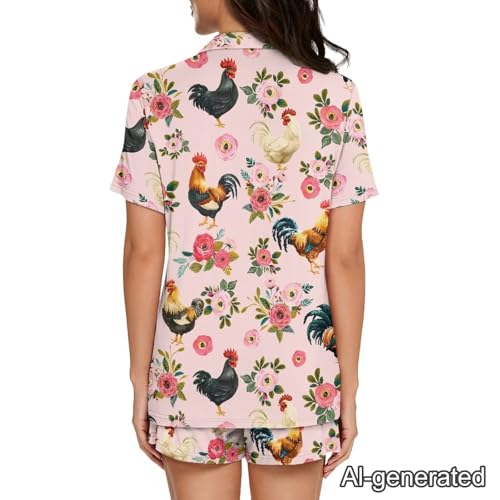 Image of Renewold Women's Short Sleeve Pajama Set Button Down Sleepwear with Notch Collar Soft Lounge Top and Shorts with Pockets