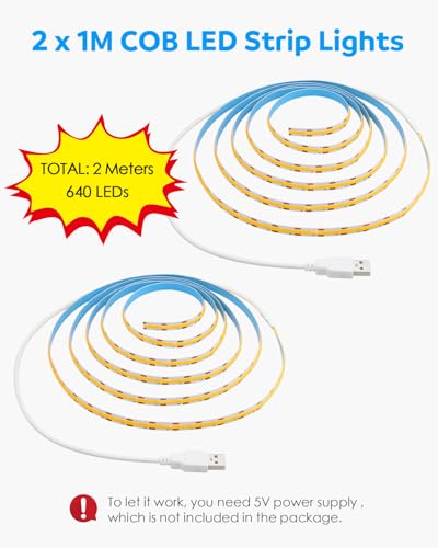 Image of Aclorol COB LED Strip Lights 5V Cold White 6000K 3FT LED Light Strip High Density and Bright Under Cabinet Tape Light for Bedroom Bedframe Kitchen Sideboard Lighting Project 320LEDs /M (2 Pack)
