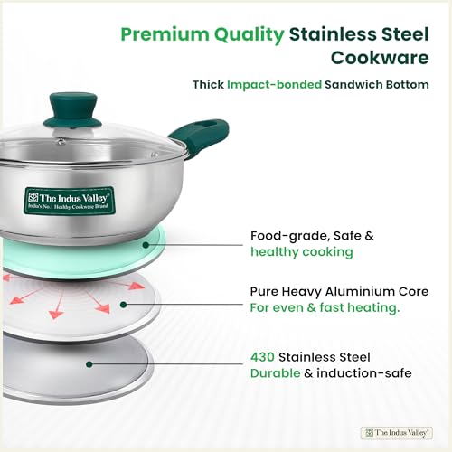 Image of The Indus Valley Stainless Steel Impact Bonded Bottom Cookware Set of 5 | Kadai 22cm with Glass Lid + Fry Pan 22cm + Saucepan 16cm with Glass Lid | Green Handles | Induction Compatible