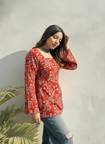 Image of ANNI Designer Women's Viscose Printed Short Kurti | Straight Fit Ethnic Top with Square Neck | Bell Sleeve Casual Indian Kurta for Office College, Party