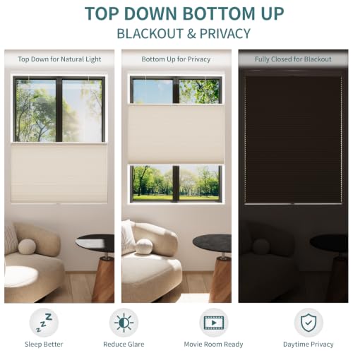 MYshade Top Down Bottom Up Cordless Cellular Shades Blackout Blinds for Indoor Windows - Room Darkening Window Shades - Easy to Install - 33" W x 72" H (Beige) by MYshade - Used condition - Image 2