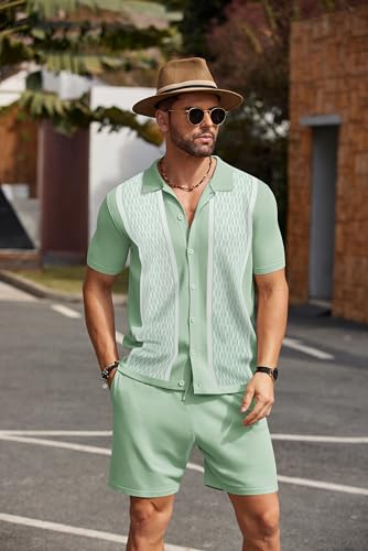COOFANDY Conjunto de 2 peças vintage de manga curta com botões e shorts de praia casuais, Verde clar