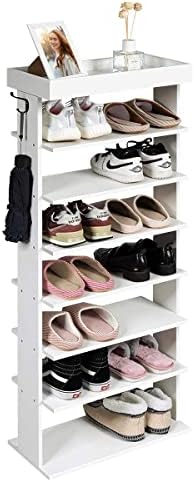 Multigot 7-Tier Shoe Rack with Hanging Hooks, Wooden Double Rows Shoes Organizer, Free Standing Display Storage Organiser Unit for Home Hallway Entryway (White)