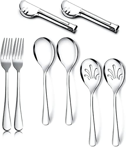 Hohscheid Stainless Steel Flatware Serving Utensils, 8 Pieces Buffet Catering Party Banquet Flatware Serving Set, Include Serving Spoons, Slotted Spoons, Tongs and Forks