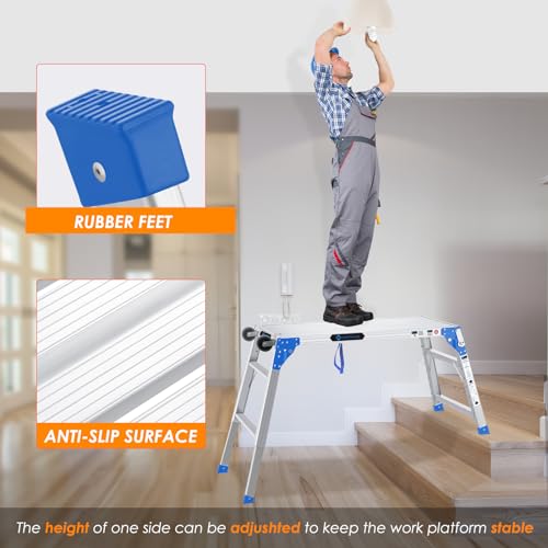 ORIENGEAR Adjustable Work Platform with Wheels, Support 330 lbs Height 24 to 35 inches Portable Aluminum Step Stool Folding Ladder Non Slip for Household Office Cleaning & Washing, Blue