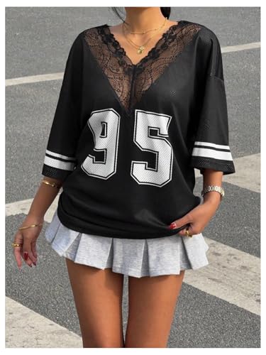 SweatyRocks Women's Half Sleeve Loose T Shirt Lace V Neck Graphic Tee Number Shirt4