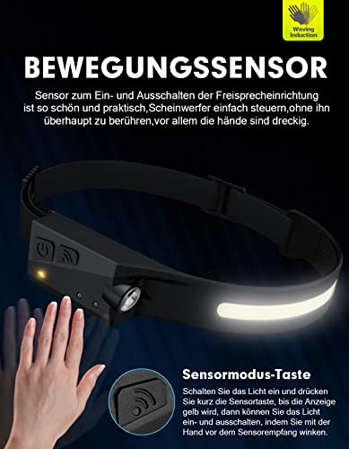 Foto von Wmcaps Stirnlampe LED Wiederaufladbar USB 230 ° Sensor Kopflampe 5 Modi Leicht Stirnleuchte Wasserdicht Headlamp lauflicht Perfekt Headlight für Laufen joggen Bauen Outdoor Bergsteigen Skitouren (1)