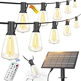 BLIATLUS 100FT Solar String Lights Outdoor Waterproof with Remote Control Solar Patio Lights 30+2 shatterproof LED ST38 Bulbs for Porch Garden Market Bistro Patio Backyard Fence